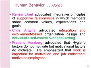 25
Human Behavior …Cont’d
 Rensis Likert advocated integrative principles
of supportive relationships in which members
share common values, expectations and
goals.
 Chris Argyris advocated integration and
involvement-based organization design and
individual’s self-control over goal-setting.
 Frederic Herzberg advocated that Hygiene
factors do not motivate but motivational factors
do motivate. He emphasized that work is
important for motivation and job enrichment
motivates employees.
 