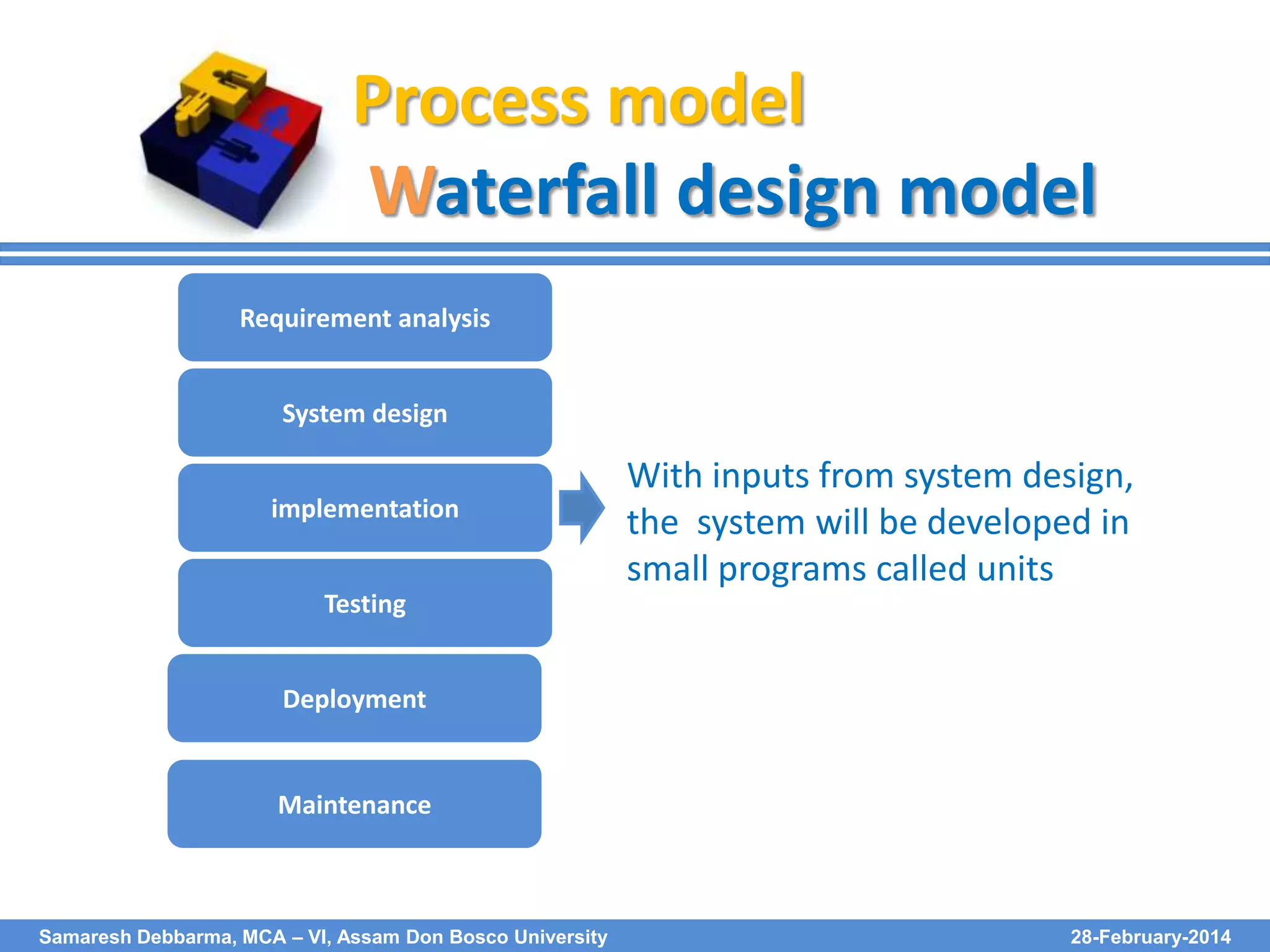 Process model
Waterfall design model
Requirement analysis
System design
implementation

With inputs from system design,
the system will be developed in
small programs called units

Testing
Deployment

Maintenance

Samaresh Debbarma, MCA – VI, Assam Don Bosco University

28-February-2014

 