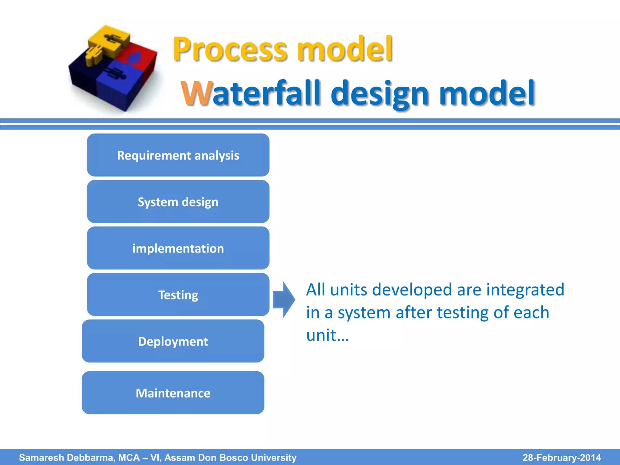 Process model
Waterfall design model
Requirement analysis
System design
implementation
Testing
Deployment

All units developed are integrated
in a system after testing of each
unit…

Maintenance

Samaresh Debbarma, MCA – VI, Assam Don Bosco University

28-February-2014

 