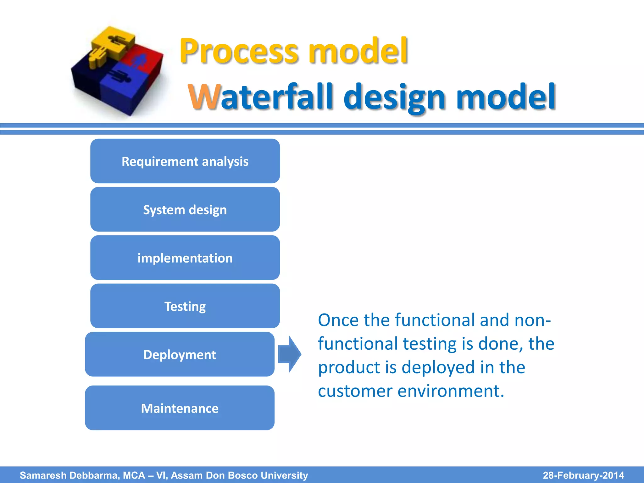 Process model
Waterfall design model
Requirement analysis
System design
implementation
Testing
Deployment

Once the functional and nonfunctional testing is done, the
product is deployed in the
customer environment.

Maintenance

Samaresh Debbarma, MCA – VI, Assam Don Bosco University

28-February-2014

 