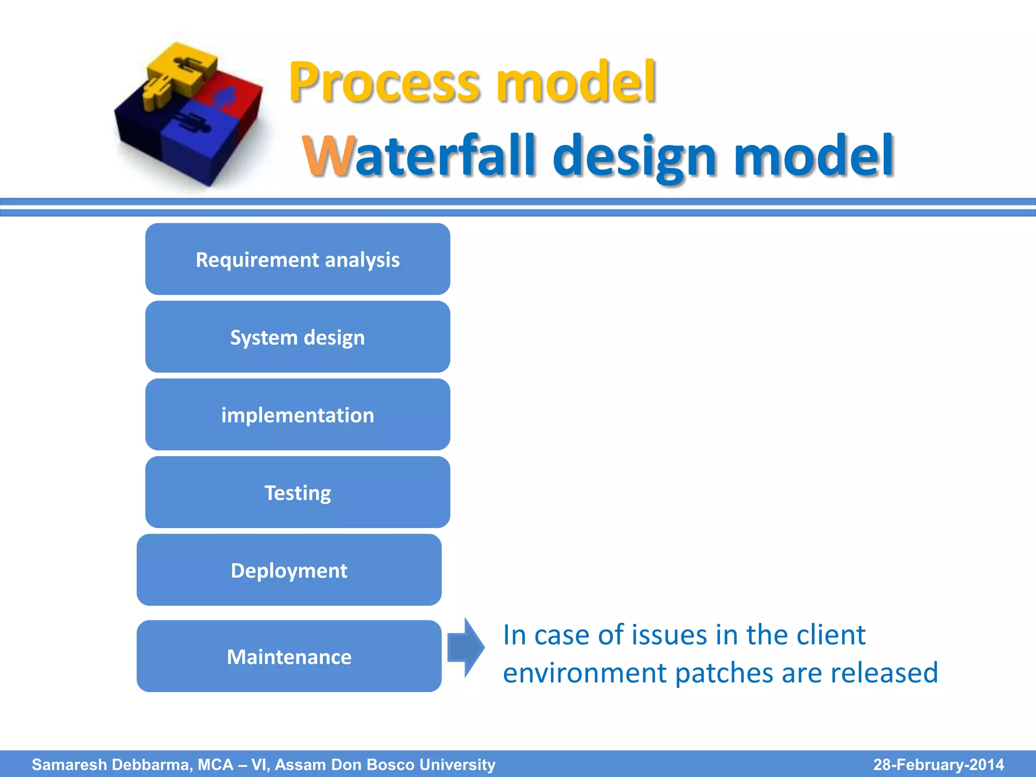 Process model
Waterfall design model
Requirement analysis
System design
implementation
Testing
Deployment

Maintenance

Samaresh Debbarma, MCA – VI, Assam Don Bosco University

In case of issues in the client
environment patches are released
28-February-2014

 