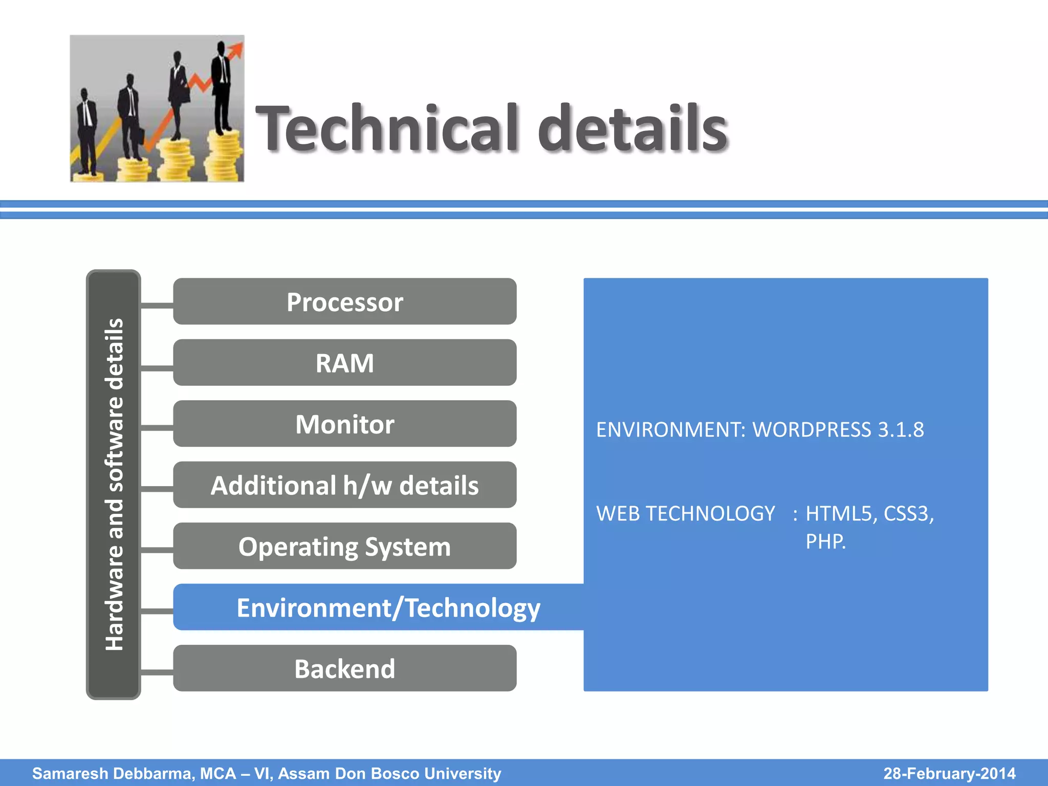 Hardware and software details

Technical details
Processor
RAM
Monitor

ENVIRONMENT: WORDPRESS 3.1.8

Additional h/w details
Operating System

WEB TECHNOLOGY : HTML5, CSS3,
PHP.

Environment/Technology
Backend

Samaresh Debbarma, MCA – VI, Assam Don Bosco University

28-February-2014

 