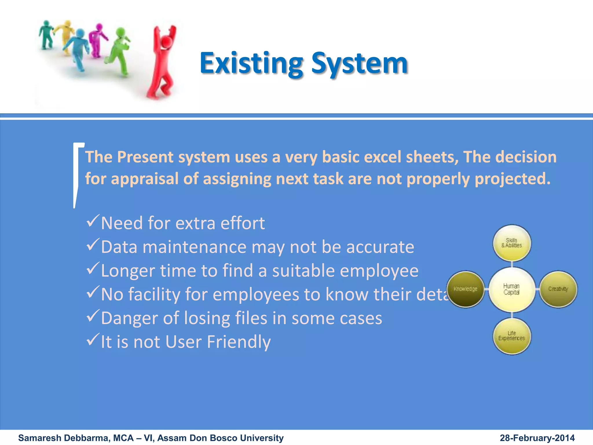 Existing System
The Present system uses a very basic excel sheets, The decision
for appraisal of assigning next task are not properly projected.

Need for extra effort
Data maintenance may not be accurate
Longer time to find a suitable employee
No facility for employees to know their details
Danger of losing files in some cases
It is not User Friendly

Samaresh Debbarma, MCA – VI, Assam Don Bosco University

28-February-2014

 