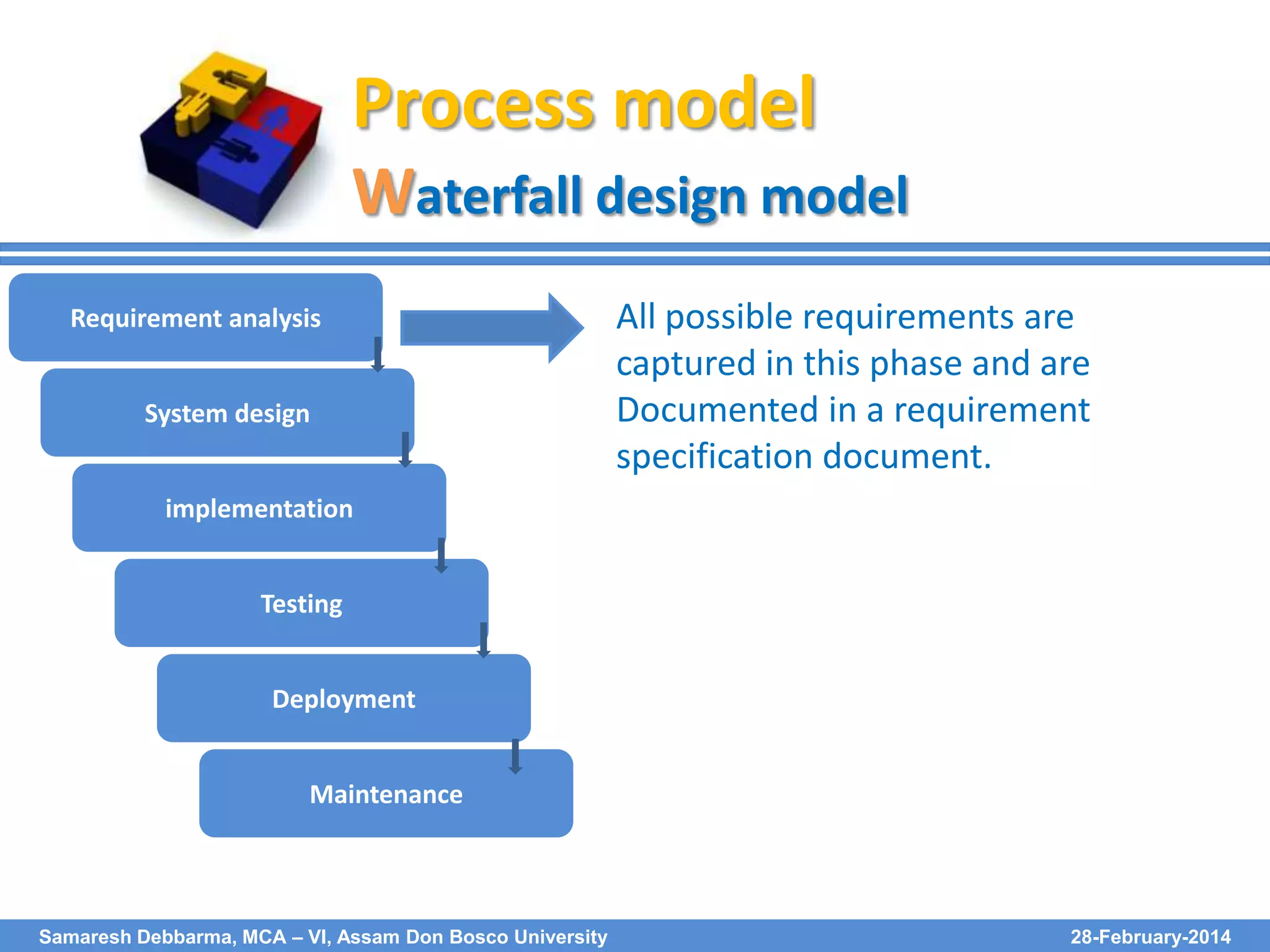 Process model
Waterfall design model
Requirement analysis
System design

All possible requirements are
captured in this phase and are
Documented in a requirement
specification document.

implementation
Testing
Deployment
Maintenance

Samaresh Debbarma, MCA – VI, Assam Don Bosco University

28-February-2014

 