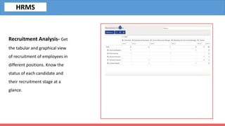 Recruitment Analysis- Get
the tabular and graphical view
of recruitment of employees in
different positions. Know the
status of each candidate and
their recruitment stage at a
glance.
HRMS
 