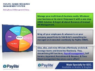 PAYLITE. HUMAN RESOURCE
MANAGEMENT SYSTEM
Making Manual HR Management A History

Manage your multi-branch business easily. Whatever
your business or its size is! Empower it with a one-stop
HRMS Solution & forget all about the woes of manual
HR Management.

Bring all your employees & whoever is on your
company payroll into its fold & let’s everything be
managed and executed seamlessly by Paylite HRMS.
Slice, dice, and mine HR data effortlessly at clicks &
leverage teams and branches flawlessly. Thus,
streamlining HR functions, Payroll management, Self
Service, Appraisal, Recruitment & Resume, & Time
Sheet management becomes a zero-effort!

 