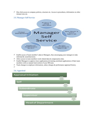  One click access to company policies, structure etc. Access to procedures, information on other
intranet sites etc.
3.5. Manager Self Service
 Enable access of team member’s data to Managers, thus encouraging your managers to take
informed & sound decisions.
 Allow access to team members work related data & compensation data.
 Enable Managers to approve leave applications & training enrolment applications of their team
members with no manual intervention of your HR team.
 Track changes to employee information, salary changes & performance appraisal history.

3.6. Appraisal
 