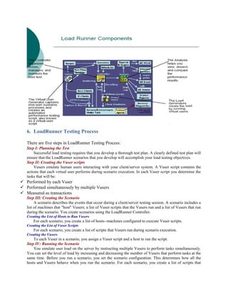 6. LoadRunner Testing Process
There are five steps in LoadRunner Testing Process:
Step I: Planning the Test
Successful load testing requires that you develop a thorough test plan. A clearly defined test plan will
ensure that the LoadRunner scenarios that you develop will accomplish your load testing objectives.
Step II: Creating the Vuser scripts
Vusers emulate human users interacting with your client/server system. A Vuser script contains the
actions that each virtual user performs during scenario execution. In each Vuser script you determine the
tasks that will be:
 Performed by each Vuser
 Performed simultaneously by multiple Vusers
 Measured as transactions
Step III: Creating the Scenario
A scenario describes the events that occur during a client/server testing session. A scenario includes a
list of machines that "host" Vusers; a list of Vuser scripts that the Vusers run and a list of Vusers that run
during the scenario. You create scenarios using the LoadRunner Controller.
Creating the List of Hosts to Run Vusers
For each scenario, you create a list of hosts--machines configured to execute Vuser scripts.
Creating the List of Vuser Scripts
For each scenario, you create a list of scripts that Vusers run during scenario execution.
Creating the Vusers
To each Vuser in a scenario, you assign a Vuser script and a host to run the script.
Step IV: Running the Scenario
You emulate user load on the server by instructing multiple Vusers to perform tasks simultaneously.
You can set the level of load by increasing and decreasing the number of Vusers that perform tasks at the
same time. Before you run a scenario, you set the scenario configuration. This determines how all the
hosts and Vusers behave when you run the scenario. For each scenario, you create a list of scripts that
 