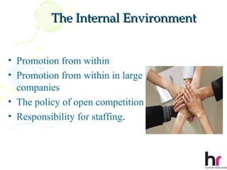 The Internal Environment


• Promotion from within
• Promotion from within in large
  companies
• The policy of open competition
• Responsibility for staffing.



                                     9
 