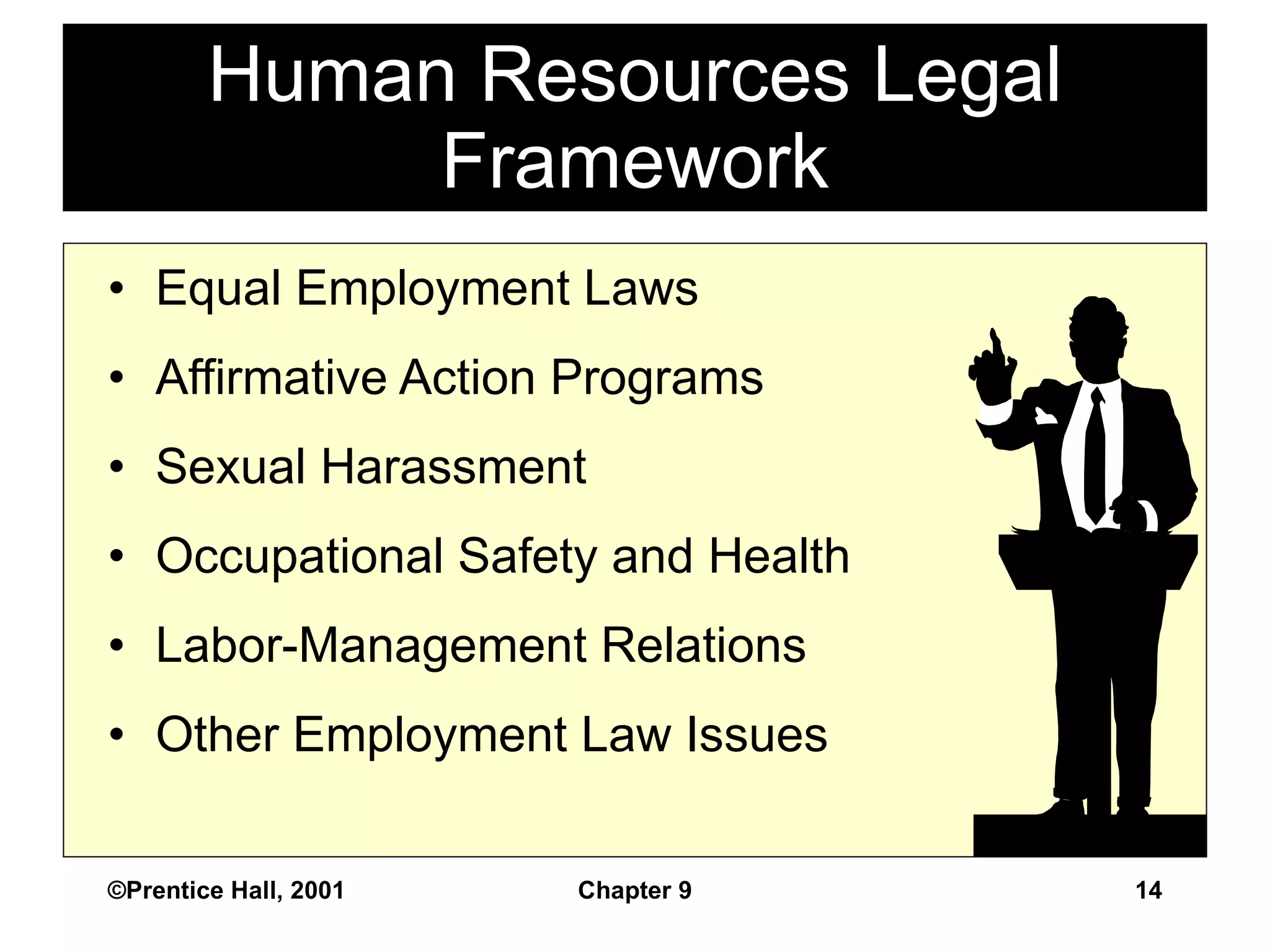 Equal Employment Laws Affirmative Action Programs Sexual Harassment Occupational Safety and Health Labor-Management Relations Other Employment Law Issues Human Resources Legal Framework ©Prentice Hall, 2001 Chapter 9 