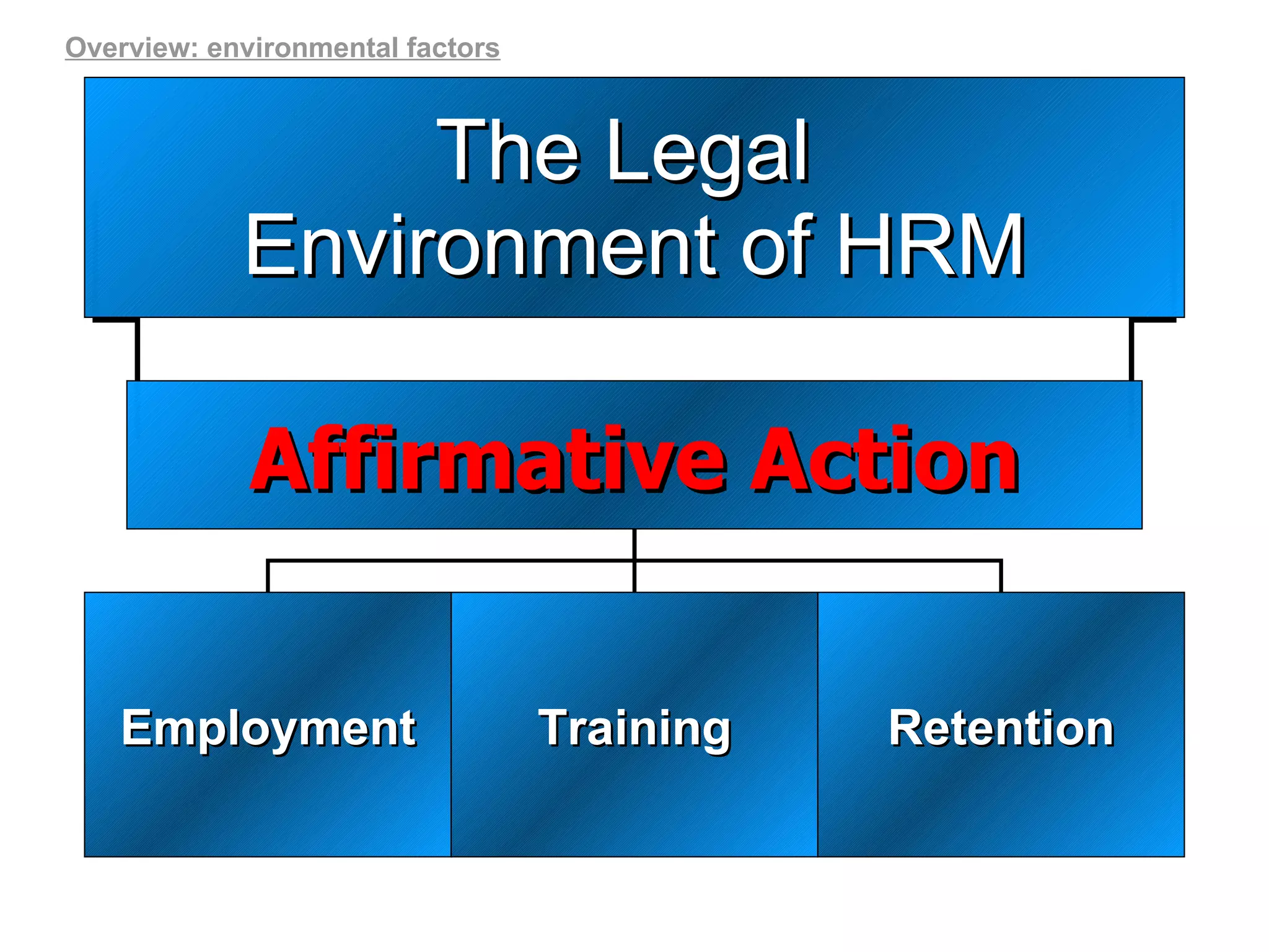 The Legal  Environment of HRM Affirmative Action Employment Training Retention Overview: environmental factors 