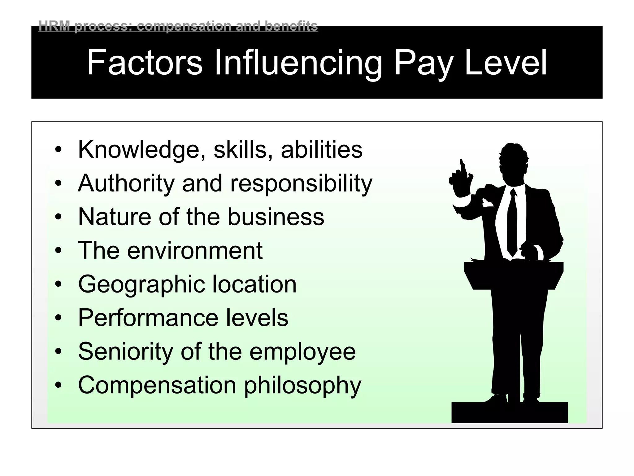 Factors Influencing Pay Level Knowledge, skills, abilities Authority and responsibility Nature of the business The environment Geographic location Performance levels Seniority of the employee Compensation philosophy HRM process: compensation and benefits 