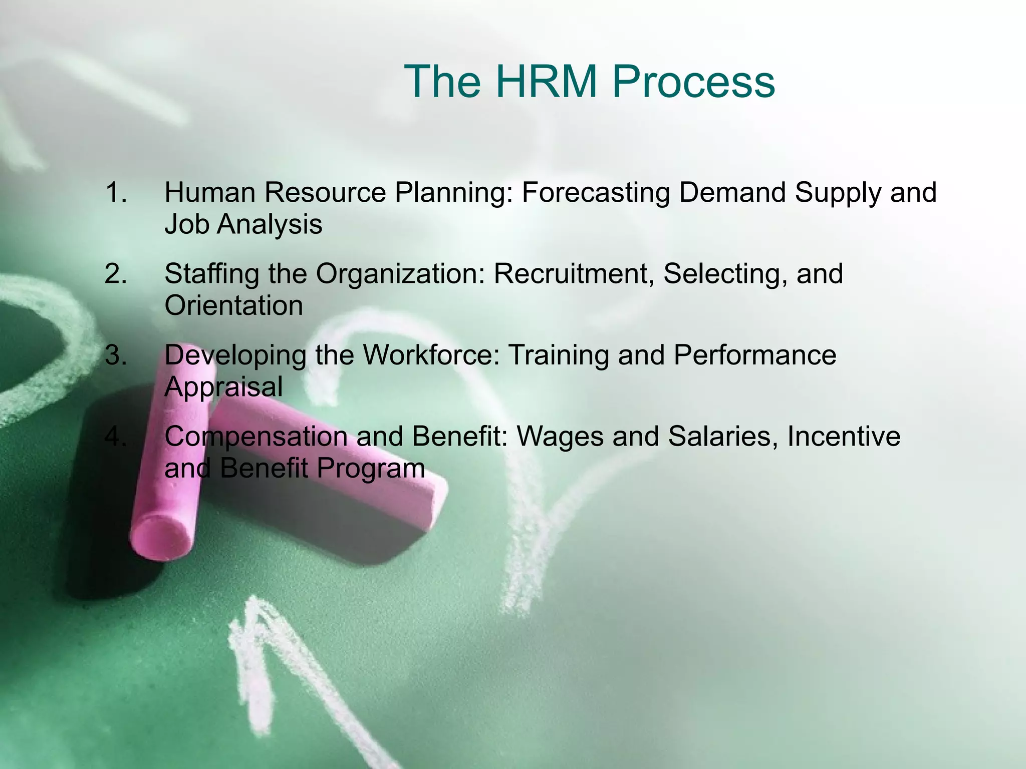 The HRM Process Human Resource Planning: Forecasting Demand Supply and Job Analysis Staffing the Organization: Recruitment, Selecting, and Orientation Developing the Workforce: Training and Performance Appraisal Compensation and Benefit: Wages and Salaries, Incentive and Benefit Program 