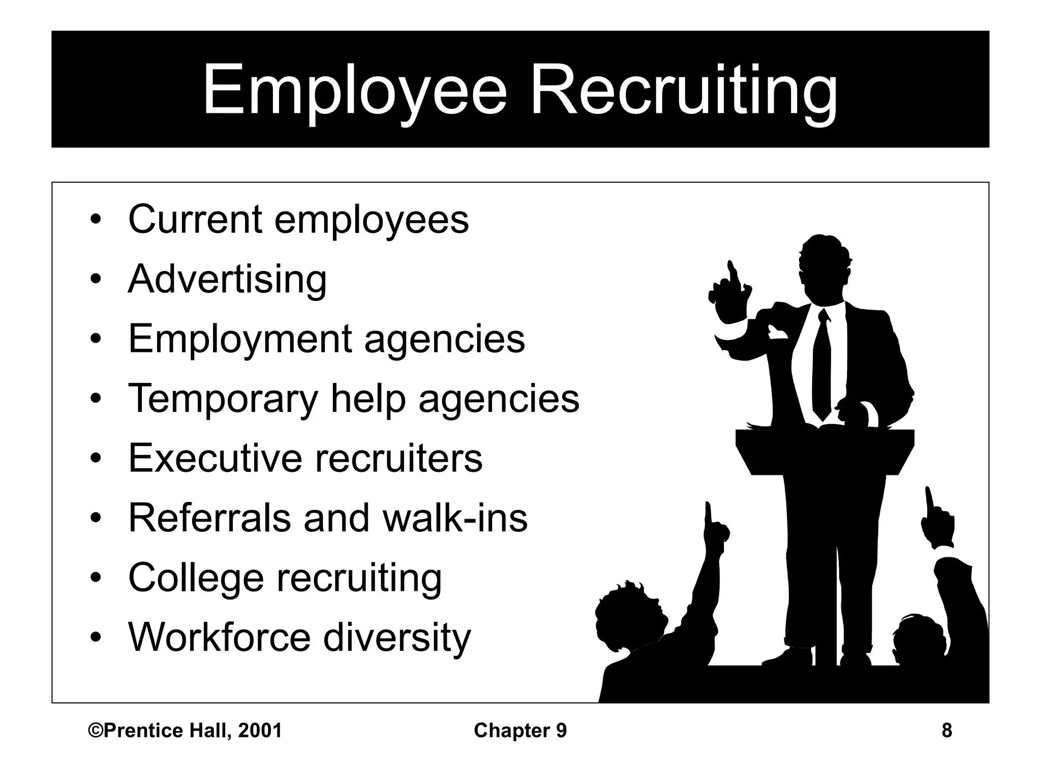 Employee Recruiting Current employees Advertising Employment agencies Temporary help agencies Executive recruiters Referrals and walk-ins College recruiting Workforce diversity ©Prentice Hall, 2001 Chapter 9 