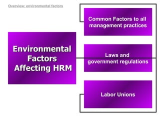 Common Factors to all  management practices Environmental Factors Affecting HRM Laws and  government regulations Labor Unions Overview: environmental factors 
