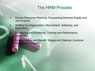 The HRM Process Human Resource Planning: Forecasting Demand Supply and Job Analysis Staffing the Organization: Recruitment, Selecting, and Orientation Developing the Workforce: Training and Performance Appraisal Compensation and Benefit: Wages and Salaries, Incentive and Benefit Program 