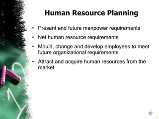 Human Resource Planning Present and future manpower requirements Net human resource requirements Mould, change and develop employees to meet future organizational requirements Attract and acquire human resources from the market 