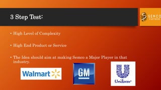 • High Level of Complexity
• High End Product or Service
• The Idea should aim at making Semco a Major Player in that
industry.
3 Step Test:
 