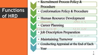 Functions
of HRD
1
0
• Recruitment Process Policy &
Procedure
• Conformation Policy & Procedure
• Human Resource Development
• Career Planning
• Job Description Preparation
• Maintaining Turnover
• Conducting Appraisal at the End of Each
Year
 