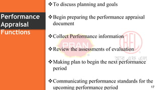 Performance
Appraisal
Functions
17
To discuss planning and goals
Begin preparing the performance appraisal
document
Collect Performance information
Review the assessments of evaluation
Making plan to begin the next performance
period
Communicating performance standards for the
upcoming performance period
 