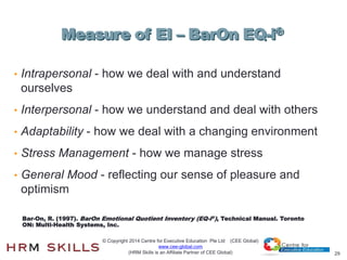 29
Measure of EI – BarOn EQ-i®
• Intrapersonal - how we deal with and understand
ourselves
• Interpersonal - how we unders...