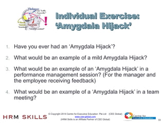 33
1. Have you ever had an ‘Amygdala Hijack’?
2. What would be an example of a mild Amygdala Hijack?
3. What would be an e...