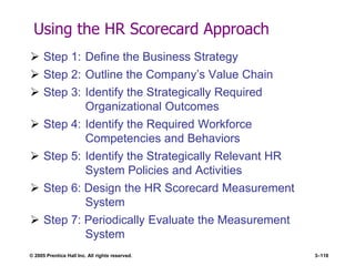 © 2005 Prentice Hall Inc. All rights reserved. 3–118
Using the HR Scorecard Approach
 Step 1: Define the Business Strategy
 Step 2: Outline the Company’s Value Chain
 Step 3: Identify the Strategically Required
Organizational Outcomes
 Step 4: Identify the Required Workforce
Competencies and Behaviors
 Step 5: Identify the Strategically Relevant HR
System Policies and Activities
 Step 6: Design the HR Scorecard Measurement
System
 Step 7: Periodically Evaluate the Measurement
System
 