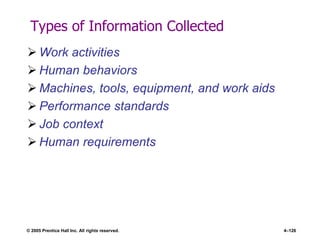 © 2005 Prentice Hall Inc. All rights reserved. 4–126
Types of Information Collected
 Work activities
 Human behaviors
 Machines, tools, equipment, and work aids
 Performance standards
 Job context
 Human requirements
 