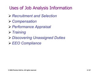 © 2005 Prentice Hall Inc. All rights reserved. 4–127
Uses of Job Analysis Information
 Recruitment and Selection
 Compensation
 Performance Appraisal
 Training
 Discovering Unassigned Duties
 EEO Compliance
 