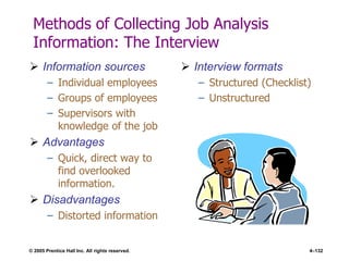 © 2005 Prentice Hall Inc. All rights reserved. 4–132
Methods of Collecting Job Analysis
Information: The Interview
 Information sources
– Individual employees
– Groups of employees
– Supervisors with
knowledge of the job
 Advantages
– Quick, direct way to
find overlooked
information.
 Disadvantages
– Distorted information
 Interview formats
– Structured (Checklist)
– Unstructured
 