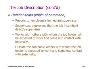 © 2005 Prentice Hall Inc. All rights reserved. 4–144
The Job Description (cont’d)
 Relationships (chain of command)
– Reports to: employee’s immediate supervisor
– Supervises: employees that the job incumbent
directly supervises
– Works with: others with whom the job holder will
be expected to work and come into contact with
internally.
– Outside the company: others with whom the job
holder is expected to work and come into contact
with externally.
 