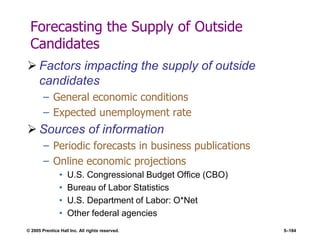 © 2005 Prentice Hall Inc. All rights reserved. 5–184
Forecasting the Supply of Outside
Candidates
 Factors impacting the supply of outside
candidates
– General economic conditions
– Expected unemployment rate
 Sources of information
– Periodic forecasts in business publications
– Online economic projections
• U.S. Congressional Budget Office (CBO)
• Bureau of Labor Statistics
• U.S. Department of Labor: O*Net
• Other federal agencies
 
