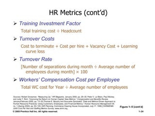 © 2005 Prentice Hall Inc. All rights reserved. 1–24
HR Metrics (cont’d)
 Training Investment Factor
Total training cost ÷ Headcount
 Turnover Costs
Cost to terminate + Cost per hire + Vacancy Cost + Learning
curve loss
 Turnover Rate
[Number of separations during month ÷ Average number of
employees during month] × 100
 Workers’ Compensation Cost per Employee
Total WC cost for Year ÷ Average number of employees
Figure 1–5 (cont’d)
Sources: Robert Grossman, ―Measuring Up,‖ HR Magazine, January 2000, pp. 29–35; Peter V. Le Blanc, Paul Mulvey,
and Jude T. Rich, ―Improving the Return on Human Capital: New Metrics,‖ Compensation and Benefits Review,
January/February 2000, pp. 13–20;Thomas E. Murphy and Sourushe Zandvakili, ―Data and Metrics-Driven Approach to
Human Resource Practices: Using Customers, Employees, and Financial Metrics,‖ Human Resource Management 39,
no. 1 (Spring 2000), pp. 93–105; [HR Planning, Commerce Clearing House Incorporated, July 17, 1996;] SHRM/EMA
2000 Cost Per Hire and Staffing Metrics Survey; www.shrm.org.
 