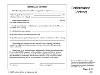 © 2005 Prentice Hall Inc. All rights reserved. 9–372
Performance
Contract
Figure 9–10
Source: David Antonion, ―Improving the
Performance Management Process Before
Discontinuing Performance Appraisals,‖
Compensation and Benefits Review May–
June 1994, p. 33, 34.
 