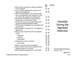 © 2005 Prentice Hall Inc. All rights reserved. 9–373
Checklist
During the
Appraisal
Interview
Figure 9–11
Source: Reprinted with permission of
the publisher, HRnext.com. Copyright
HRnext.com, 2003.
 