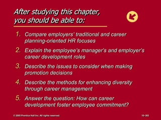 After studying this chapter,
you should be able to:
1. Compare employers’ traditional and career
planning-oriented HR focuses
2. Explain the employee’s manager’s and employer’s
career development roles
3. Describe the issues to consider when making
promotion decisions
4. Describe the methods for enhancing diversity
through career management
5. Answer the question: How can career
development foster employee commitment?
© 2005 Prentice Hall Inc. All rights reserved. 10–383
 