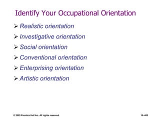 © 2005 Prentice Hall Inc. All rights reserved. 10–405
Identify Your Occupational Orientation
 Realistic orientation
 Investigative orientation
 Social orientation
 Conventional orientation
 Enterprising orientation
 Artistic orientation
 