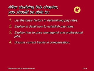 After studying this chapter,
you should be able to:
1. List the basic factors in determining pay rates.
2. Explain in detail how to establish pay rates.
3. Explain how to price managerial and professional
jobs.
4. Discuss current trends in compensation.
© 2005 Prentice Hall Inc. All rights reserved. 11–414
 