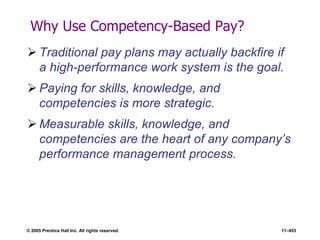 © 2005 Prentice Hall Inc. All rights reserved. 11–453
Why Use Competency-Based Pay?
 Traditional pay plans may actually backfire if
a high-performance work system is the goal.
 Paying for skills, knowledge, and
competencies is more strategic.
 Measurable skills, knowledge, and
competencies are the heart of any company’s
performance management process.
 