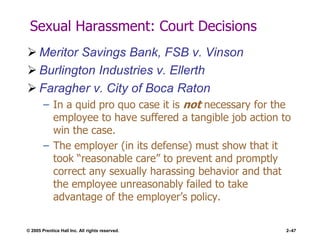 © 2005 Prentice Hall Inc. All rights reserved. 2–47
Sexual Harassment: Court Decisions
 Meritor Savings Bank, FSB v. Vinson
 Burlington Industries v. Ellerth
 Faragher v. City of Boca Raton
– In a quid pro quo case it is not necessary for the
employee to have suffered a tangible job action to
win the case.
– The employer (in its defense) must show that it
took ―reasonable care‖ to prevent and promptly
correct any sexually harassing behavior and that
the employee unreasonably failed to take
advantage of the employer’s policy.
 