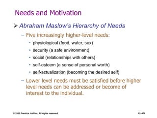 © 2005 Prentice Hall Inc. All rights reserved. 12–479
Needs and Motivation
 Abraham Maslow’s Hierarchy of Needs
– Five increasingly higher-level needs:
• physiological (food, water, sex)
• security (a safe environment)
• social (relationships with others)
• self-esteem (a sense of personal worth)
• self-actualization (becoming the desired self)
– Lower level needs must be satisfied before higher
level needs can be addressed or become of
interest to the individual.
 
