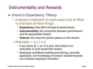 © 2005 Prentice Hall Inc. All rights reserved. 12–482
Instrumentality and Rewards
 Vroom’s Expectancy Theory
– A person’s motivation to exert some level of effort
is a function of three things:
• Expectancy: that effort will lead to performance.
• Instrumentality: the connection between performance
and the appropriate reward.
• Valence: the value the person places on the reward.
– Motivation = E x I x V
• If any factor (E, I, or V) is zero, then there is no
motivation to work toward the reward.
• Employee confidence building and training, accurate
appraisals, and knowledge of workers’ desired rewards
can increase employee motivation.
 