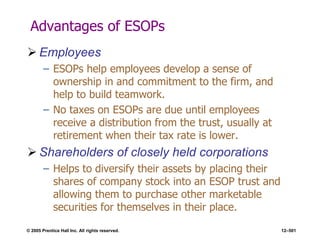 © 2005 Prentice Hall Inc. All rights reserved. 12–501
Advantages of ESOPs
 Employees
– ESOPs help employees develop a sense of
ownership in and commitment to the firm, and
help to build teamwork.
– No taxes on ESOPs are due until employees
receive a distribution from the trust, usually at
retirement when their tax rate is lower.
 Shareholders of closely held corporations
– Helps to diversify their assets by placing their
shares of company stock into an ESOP trust and
allowing them to purchase other marketable
securities for themselves in their place.
 