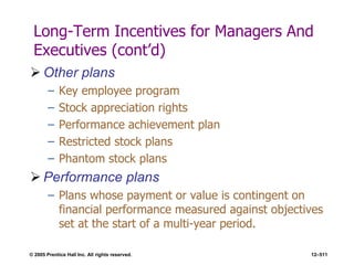 © 2005 Prentice Hall Inc. All rights reserved. 12–511
Long-Term Incentives for Managers And
Executives (cont’d)
 Other plans
– Key employee program
– Stock appreciation rights
– Performance achievement plan
– Restricted stock plans
– Phantom stock plans
 Performance plans
– Plans whose payment or value is contingent on
financial performance measured against objectives
set at the start of a multi-year period.
 