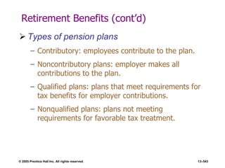© 2005 Prentice Hall Inc. All rights reserved. 13–543
Retirement Benefits (cont’d)
 Types of pension plans
– Contributory: employees contribute to the plan.
– Noncontributory plans: employer makes all
contributions to the plan.
– Qualified plans: plans that meet requirements for
tax benefits for employer contributions.
– Nonqualified plans: plans not meeting
requirements for favorable tax treatment.
 