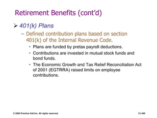 © 2005 Prentice Hall Inc. All rights reserved. 13–545
Retirement Benefits (cont’d)
 401(k) Plans
– Defined contribution plans based on section
401(k) of the Internal Revenue Code.
• Plans are funded by pretax payroll deductions.
• Contributions are invested in mutual stock funds and
bond funds.
• The Economic Growth and Tax Relief Reconciliation Act
of 2001 (EGTRRA) raised limits on employee
contributions.
 