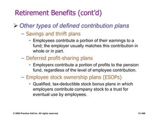 © 2005 Prentice Hall Inc. All rights reserved. 13–546
Retirement Benefits (cont’d)
 Other types of defined contribution plans
– Savings and thrift plans
• Employees contribute a portion of their earnings to a
fund; the employer usually matches this contribution in
whole or in part.
– Deferred profit-sharing plans
• Employers contribute a portion of profits to the pension
fund, regardless of the level of employee contribution.
– Employee stock ownership plans (ESOPs)
• Qualified, tax-deductible stock bonus plans in which
employers contribute company stock to a trust for
eventual use by employees.
 