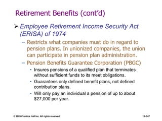 © 2005 Prentice Hall Inc. All rights reserved. 13–547
Retirement Benefits (cont’d)
 Employee Retirement Income Security Act
(ERISA) of 1974
– Restricts what companies must do in regard to
pension plans. In unionized companies, the union
can participate in pension plan administration.
– Pension Benefits Guarantee Corporation (PBGC)
• Insures pensions of a qualified plan that terminates
without sufficient funds to its meet obligations.
• Guarantees only defined benefit plans, not defined
contribution plans.
• Will only pay an individual a pension of up to about
$27,000 per year.
 