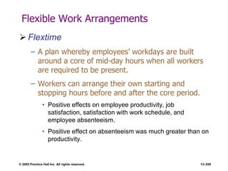 © 2005 Prentice Hall Inc. All rights reserved. 13–559
Flexible Work Arrangements
 Flextime
– A plan whereby employees’ workdays are built
around a core of mid-day hours when all workers
are required to be present.
– Workers can arrange their own starting and
stopping hours before and after the core period.
• Positive effects on employee productivity, job
satisfaction, satisfaction with work schedule, and
employee absenteeism.
• Positive effect on absenteeism was much greater than on
productivity.
 