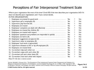 © 2005 Prentice Hall Inc. All rights reserved. 14–570
Perceptions of Fair Interpersonal Treatment Scale
Figure 14–2
Sources: Michelle A. Donovan et al., ―The Perceptions of Their Interpersonal Treatment Scale: Development and Validation of a
Measure of Interpersonal Treatment in the Workplace,‖ Journal of Applied Psychology 83, no. 5 (1998), p. 692. Copyright © 1997
by Michelle A. Donovan, Fritz Drasgow, and Liberty J. Munson at the University of Illinois at Urbana-Champaign. All rights reserved.
 